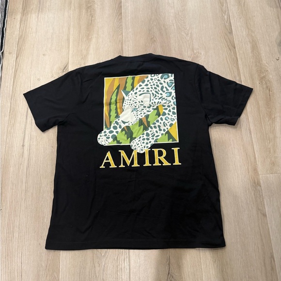 AMIRI Black Tee with Leopard and Jungle Design